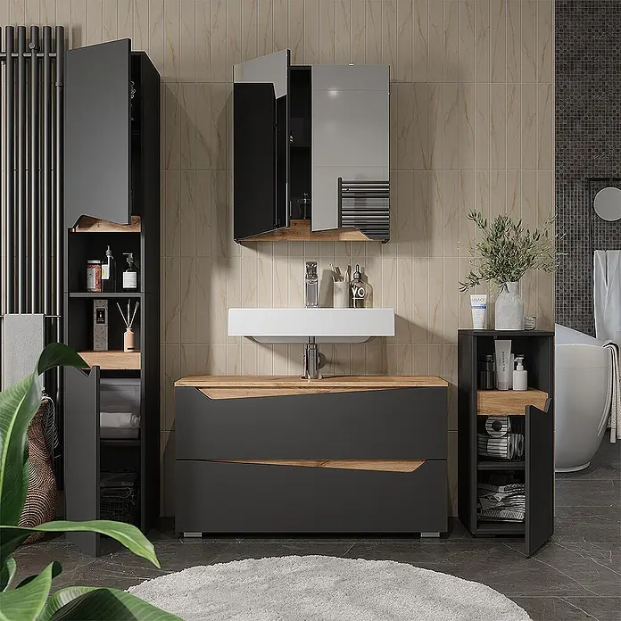 Vicco Badmöbel-Set - Anthrazit, Matt - Modernes Badmöbelset in Dunkelgrau und Holz mit Waschtisch, Hochschrank und Spiegelschrank, in einem zeitgemäßen Badezimmer.