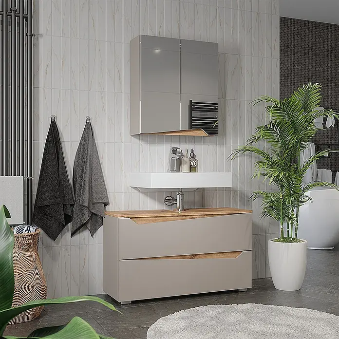 Vicco Badmöbel-Set - Greige, Matt - Moderner grauer Badunterschrank mit weißem Waschbecken und Holzdetails, im Badezimmer installiert.