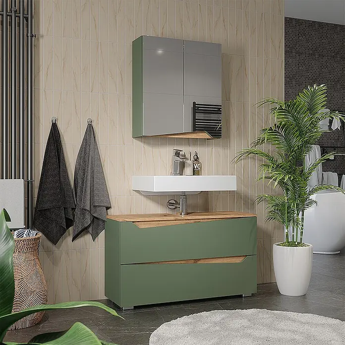 Vicco Badmöbel-Set - Grün, Matt - Grüner Badunterschrank mit Holzdetails und weißem Waschbecken, dazu passender Spiegelschrank.