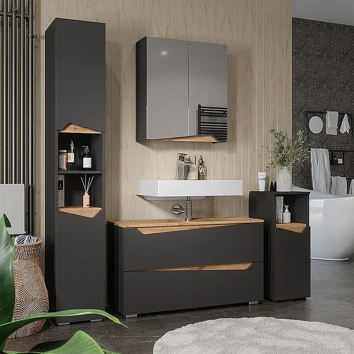 Vicco Badmöbel-Set - Anthrazit, Matt - Modernes dunkelgraues Badezimmermöbel-Set mit Holz-Akzenten, bestehend aus Hochschrank, Waschtisch, Spiegelschrank und Beistellschrank.