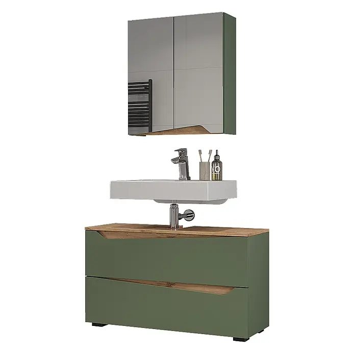 Vicco Badmöbel-Set - Grün, Matt - Grüner Badmöbel-Set mit weißem Waschbecken, Holzdetails und Spiegelschrank.
