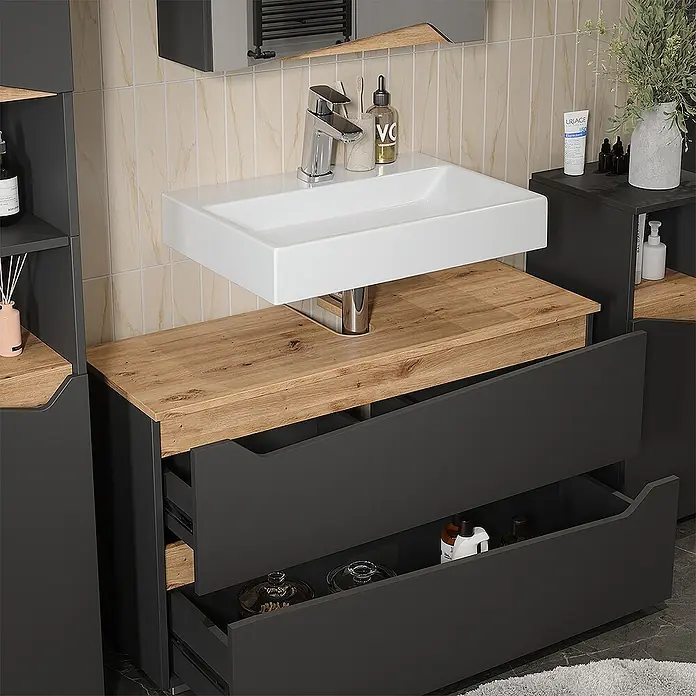 Vicco Badmöbel-Set - Anthrazit, Matt - Dunkelgrauer Badunterschrank mit Holzoptik-Arbeitsplatte, weißem Waschbecken und offenen Schubladen.