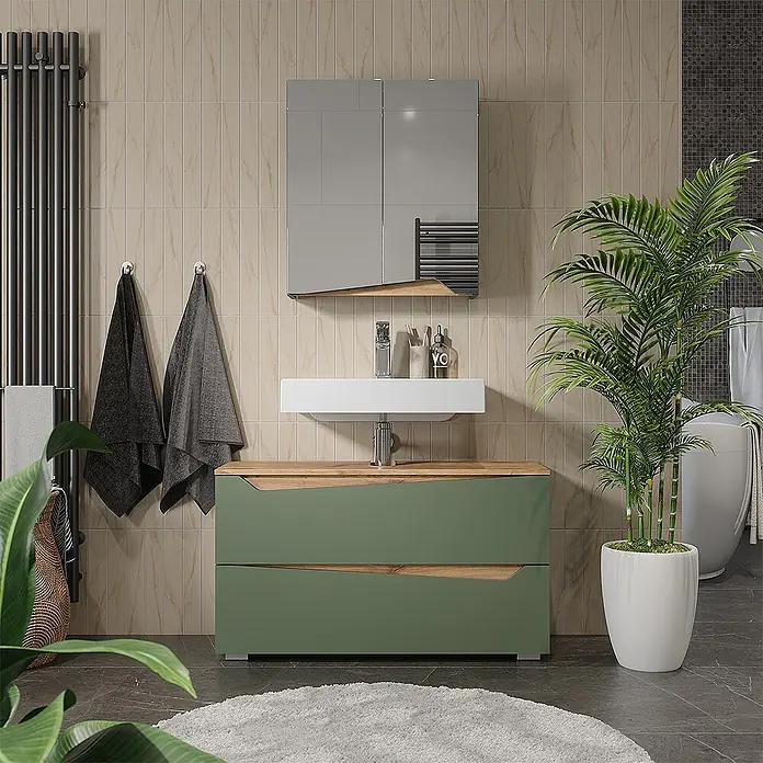 Vicco Badmöbel-Set - Grün, Matt - Moderner Badezimmerunterschrank mit grünem Zweischubladen-Schrank, Holzplatte und weißem Rechteckwaschbecken im Bad.