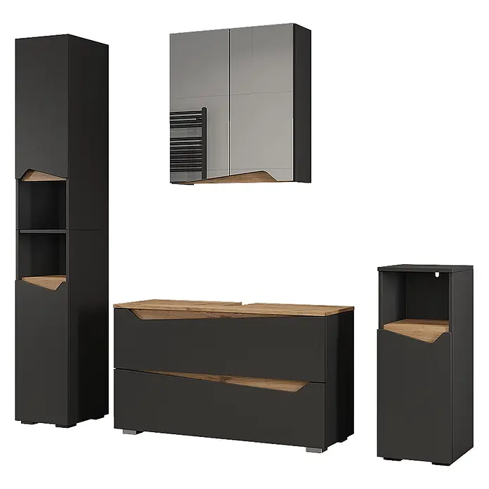 Vicco Badmöbel-Set - Anthrazit, Matt - Modernes dunkelgraues Badmöbel-Set mit Naturholz-Akzenten, bestehend aus Hochschrank, Waschtischunterschrank, Beistellschrank und Spiegelschrank.