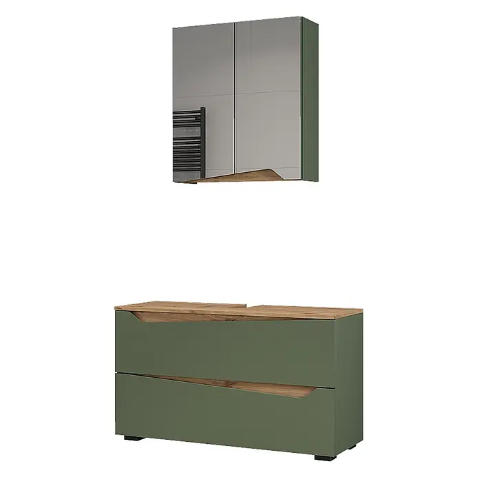 Vicco Badmöbel-Set - Grün, Matt - Grünes Badmöbel-Set mit Holzdetails. Bestehend aus Spiegelschrank und Waschtischunterschrank mit integrierten schrägen Holzgriffen.