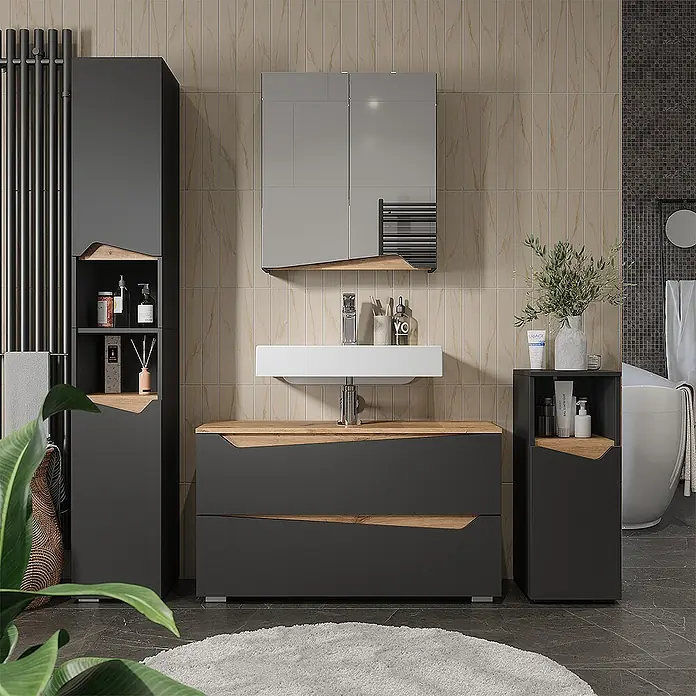 Vicco Badmöbel-Set - Anthrazit, Matt - Modernes dunkelgraues Badmöbelset mit Holzdetails: Hochschrank, Waschtisch und Spiegelschrank, in einem modernen Badezimmer.