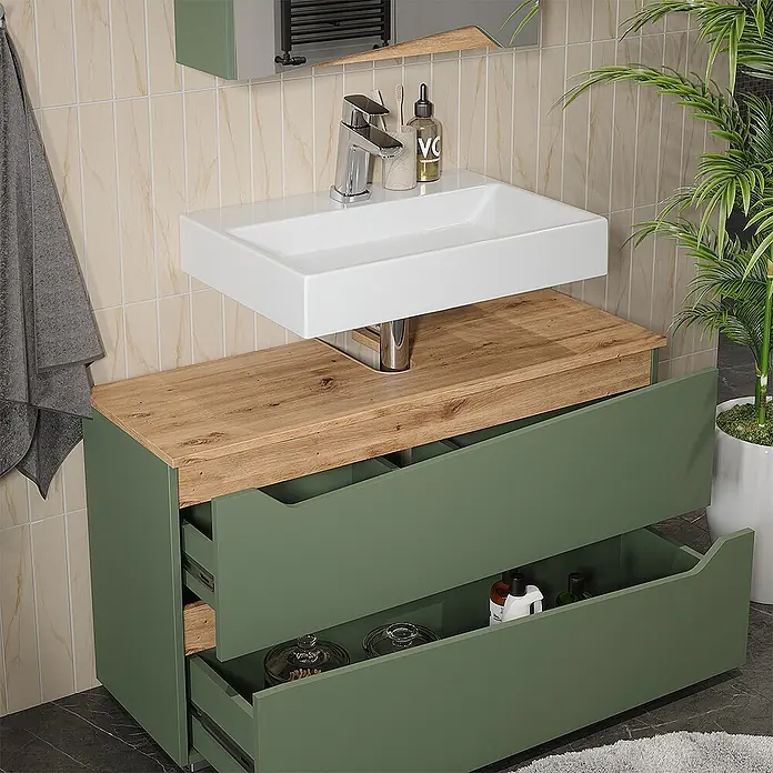 Vicco Badmöbel-Set - Grün, Matt - Grüner Badunterschrank mit Holzplatte, weißem Rechteckbecken und zwei offenen Schubladen.