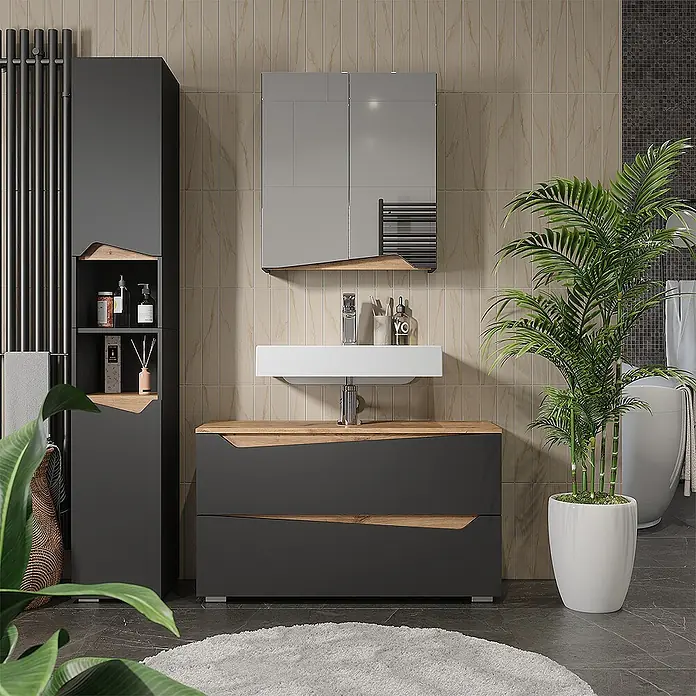 Vicco Badmöbel-Set - Anthrazit, Matt - Modernes dunkelgraues Badmöbel mit Holzdetails, integriertem Waschbecken, passendem Hochschrank und Spiegelschrank.