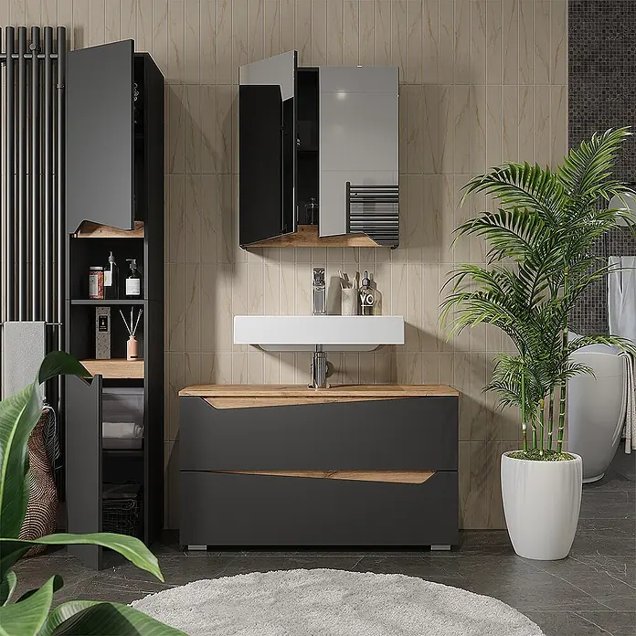 Vicco Badmöbel-Set - Anthrazit, Matt - Moderner anthrazitfarbener Badunterschrank mit Holzapplikationen und passendem Hochschrank in einem Badezimmer.