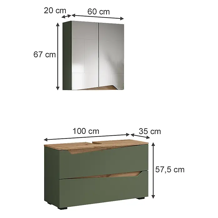 Vicco Badmöbel-Set - Grün, Matt - Grauer Spiegelschrank (60x20x67 cm) und olivgrüner Unterschrank (100x35x57,5 cm) mit Holzplatte.