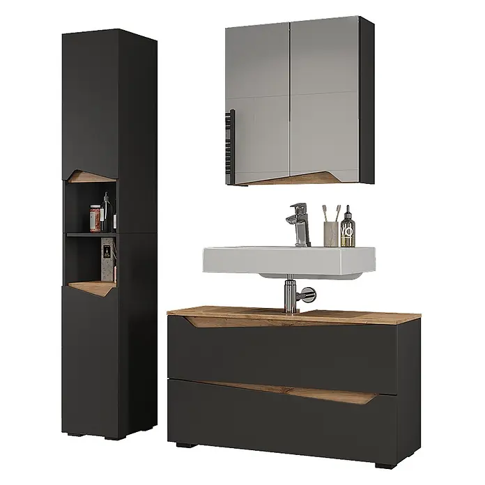 Vicco Badmöbel-Set - Anthrazit, Matt - Modernes dunkelgraues Badmöbel-Set mit Holz-Akzenten, bestehend aus Hochschrank, Waschtisch mit Waschbecken und Spiegelschrank.