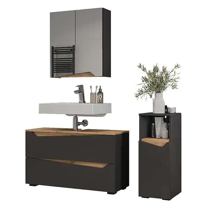 Vicco Badmöbel-Set - Anthrazit, Matt - Modernes dunkelgraues Badmöbel-Set mit Holzapplikationen, Spiegelschrank, Waschbeckenunterschrank und hohem Seitenschrank.