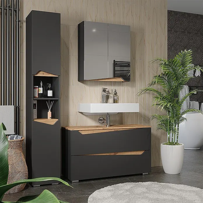 Vicco Badmöbel-Set - Anthrazit, Matt - Modernes dunkelgraues Badmöbelset mit Holzakzenten, bestehend aus Hochschrank, Waschtischunterschrank und Spiegelschrank.