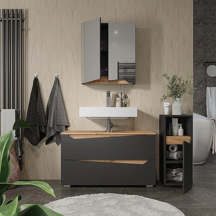 Vicco Badmöbel-Set - Anthrazit, Matt - Dunkelgrauer Badschrank mit Holzdetails und weißem Waschbecken, dazu ein passender hoher Aufbewahrungsschrank.