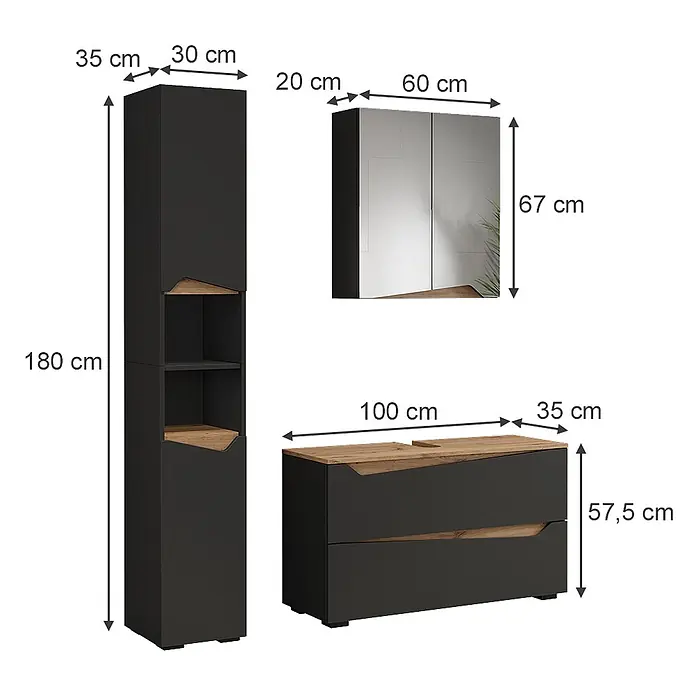 Vicco Badmöbel-Set - Anthrazit, Matt - Dunkelgraues Badmöbel-Set mit Holz-Akzenten, bestehend aus Hochschrank, Spiegelschrank und Waschtischunterschrank.