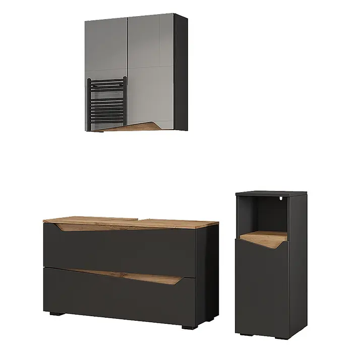 Vicco Badmöbel-Set - Anthrazit, Matt - Modernes dunkelgraues Badmöbel-Set mit Holzoptik-Akzenten: Wandschrank, Waschtischunterschrank und Hochschrank.