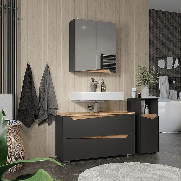 Vicco Badmöbel-Set - Anthrazit, Matt - Ein modernes dunkelgraues Badezimmer-Waschtischset mit Holzdetails, bestehend aus einem Schubladenschrank, einem Hochschrank und einem Spiegelschrank mit weißem Waschbecken.