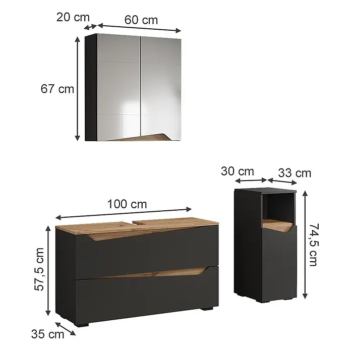 Vicco Badmöbel-Set - Anthrazit, Matt - Dreiteiliges Möbelset in Dunkelgrau: Spiegelschrank, breite Kommode und schmaler Hochschrank mit Holzdekor-Akzenten, inklusive Maßen.