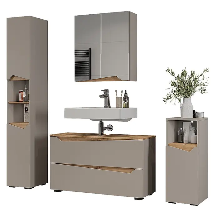 Vicco Badmöbel-Set - Greige, Matt - Modernes graues Badmöbel-Set mit Holz-Akzenten, bestehend aus Hochschrank, Waschtisch mit Waschbecken und Armatur, Spiegelschrank und Beistellschrank.
