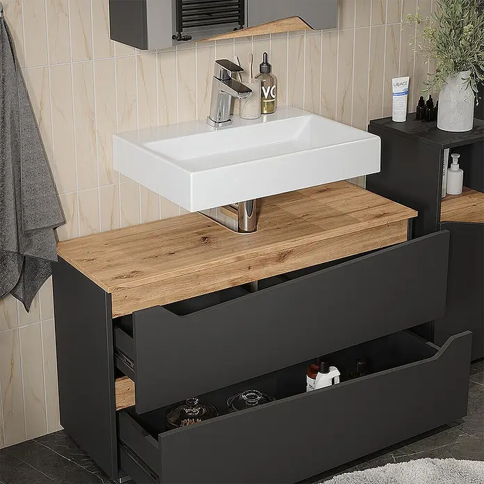 Vicco Badmöbel-Set - Anthrazit, Matt - Dunkelgrauer Badschrank mit Holzoptik-Platte, weißem Waschbecken und offenen Schubladen zur Aufbewahrung.