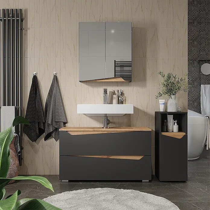 Vicco Badmöbel-Set - Anthrazit, Matt - Moderner dunkelgrauer Bad-Waschtischunterschrank mit Holzapplikationen und passendem Hochschrank, in einem modernen Badezimmer.