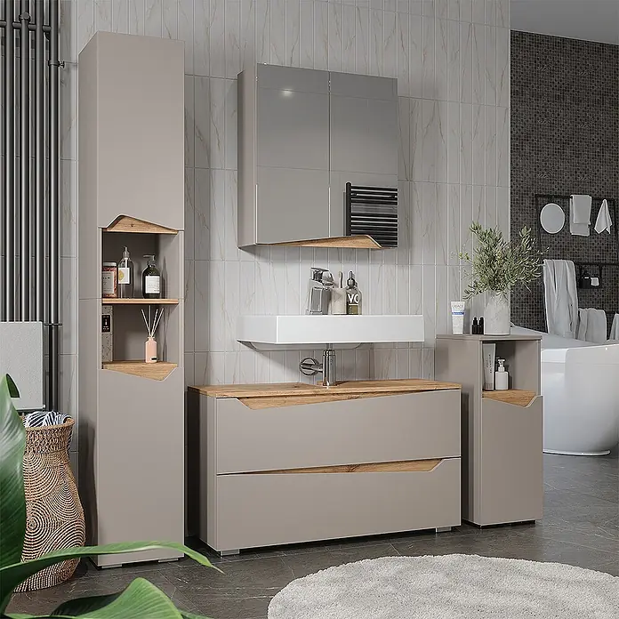 Vicco Badmöbel-Set - Greige, Matt - Taupefarbene Badmöbel-Garnitur mit Holzapplikationen: Hochschrank, Spiegelschrank, Waschtisch mit Waschbecken und Beistellschrank.