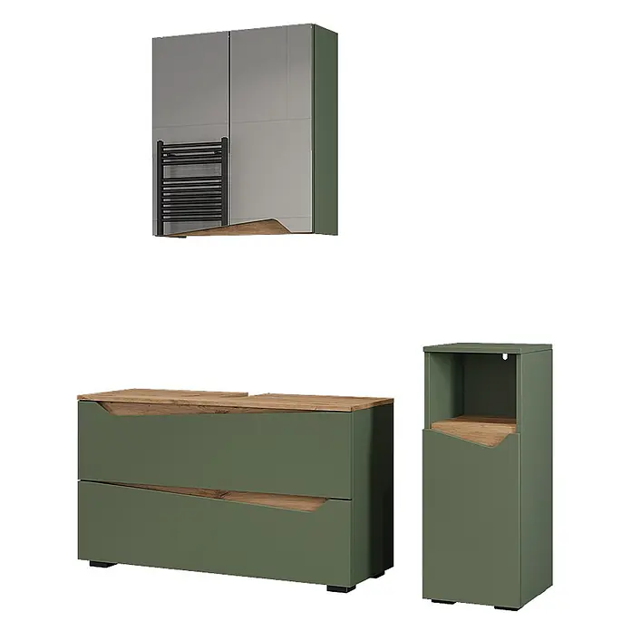 Vicco Badmöbel-Set - Grün, Matt - Grünes Badezimmermöbelset mit Holzdetails: Hängeschrank mit Handtuchhalter, Waschtischunterschrank und Hochschrank.