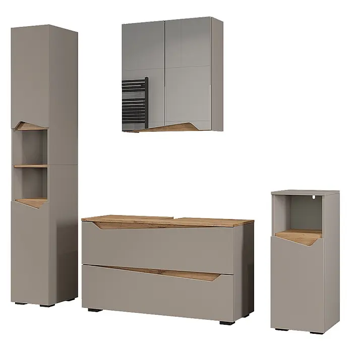 Vicco Badmöbel-Set - Greige, Matt - Modernes graues Badmöbel-Set mit Holz-Akzenten, bestehend aus Hochschrank, Spiegelschrank, Waschtischunterschrank und Beistellschrank.