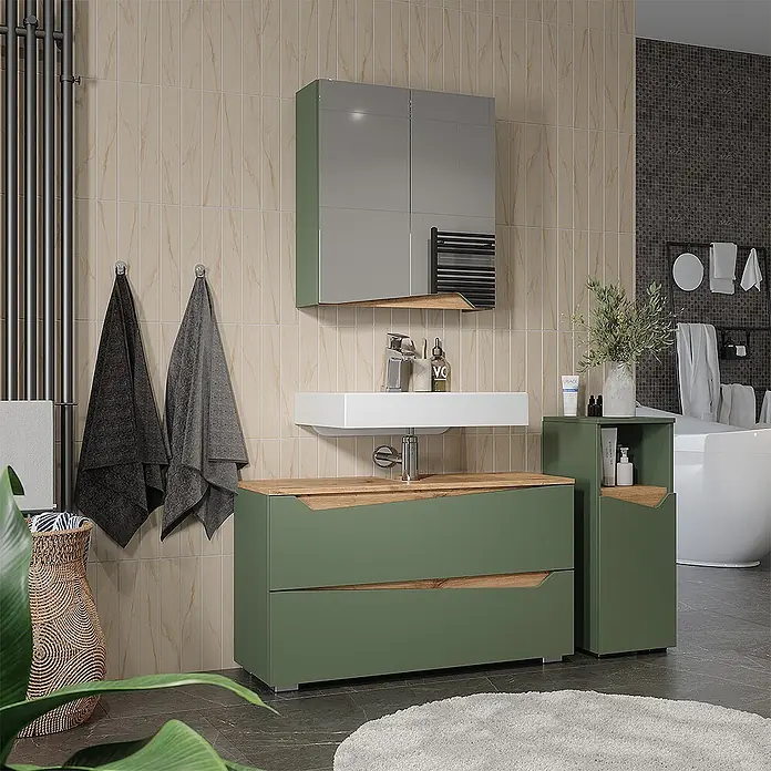 Vicco Badmöbel-Set - Grün, Matt - Moosgrüner Badschrank mit integriertem Waschbecken und Hochschrank mit Holzdekorplatten in modernem Badezimmer.