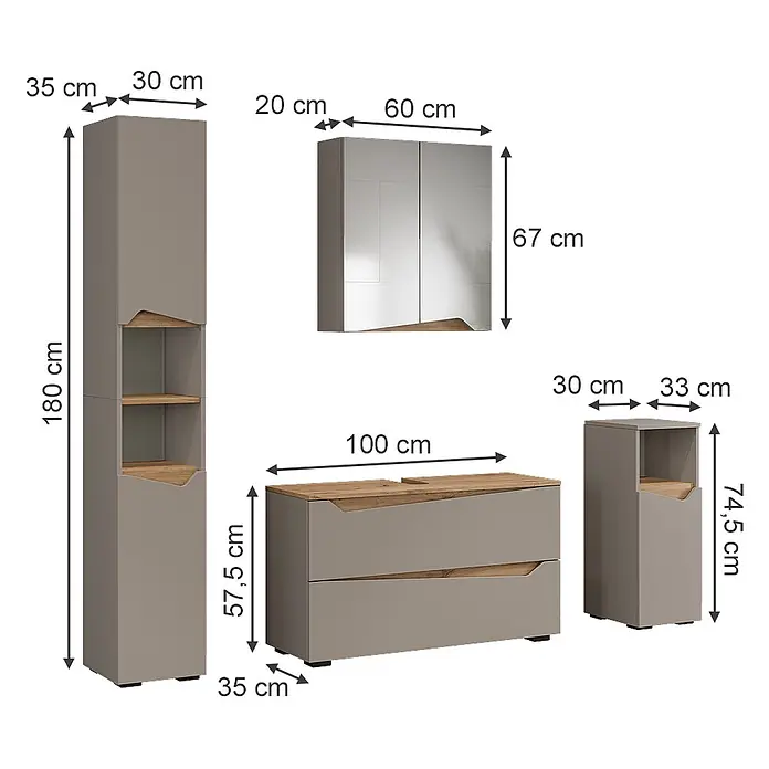 Vicco Badmöbel-Set - Greige, Matt - Modernes graues Badmöbel-Set mit Holzdetails, bestehend aus Hochschrank, Spiegelschrank, Waschtischunterschrank und Beistellschrank, mit Maßen.