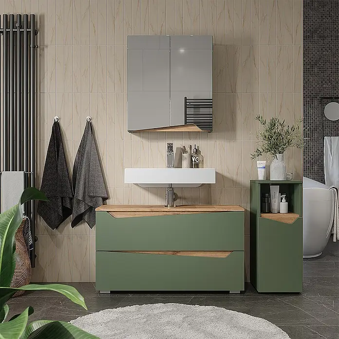 Vicco Badmöbel-Set - Grün, Matt - Moderner grüner Badunterschrank mit Holz-Akzenten und weißem Waschbecken, dazu ein passender Hochschrank, in einem modernen Badezimmer.