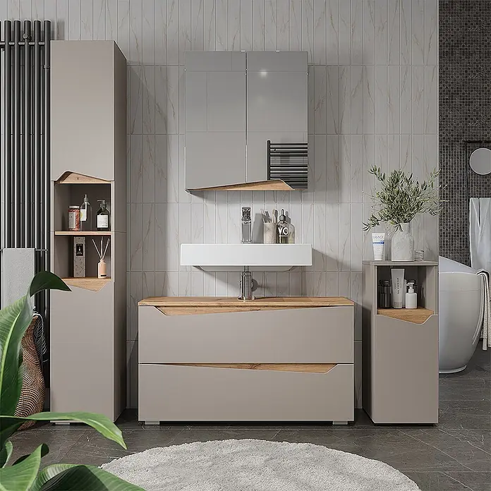 Vicco Badmöbel-Set - Greige, Matt - Modernes taupefarbenes Badmöbel-Set mit Holzdetails: Waschtisch, Waschbecken, Spiegelschrank, hoher und seitlicher Stauraum.