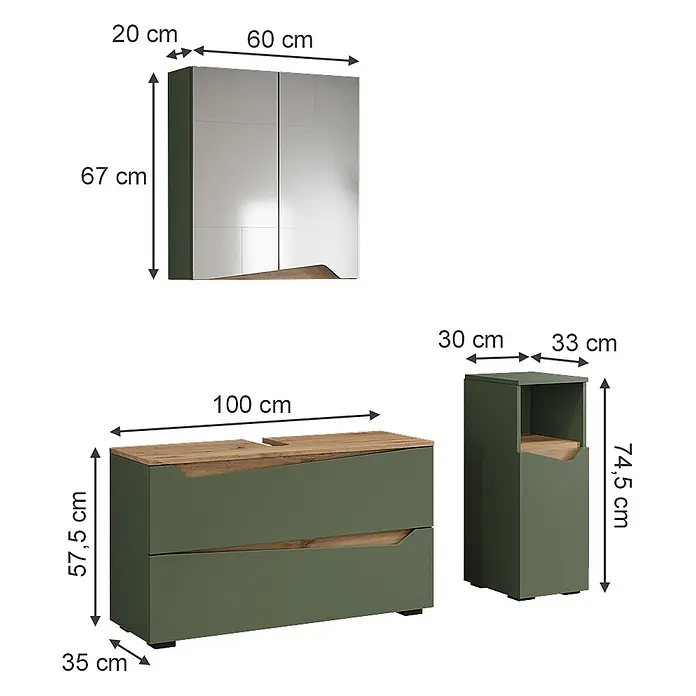 Vicco Badmöbel-Set - Grün, Matt - Set grüner und hölzerner Möbel: ein Spiegelschrank, eine Kommode und ein schmaler Nachttisch.