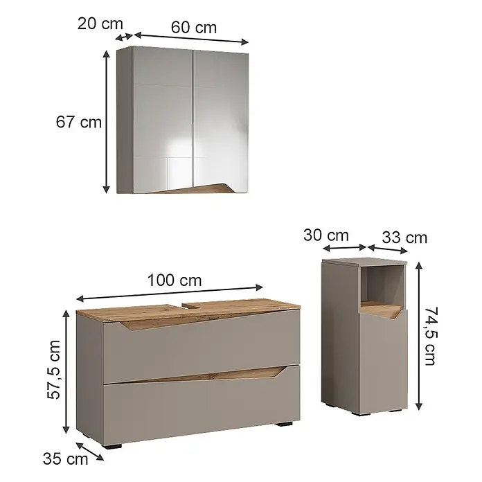 Vicco Badmöbel-Set - Greige, Matt - Drei moderne Möbelstücke: ein Hängeschrank, eine Kommode und ein Hochschrank, alle in Grau mit Holzdetails.