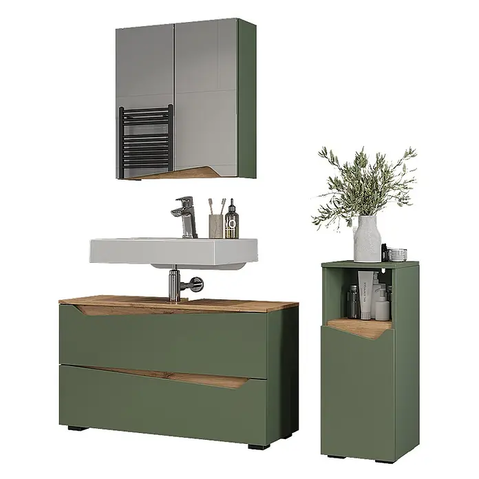 Vicco Badmöbel-Set - Grün, Matt - Olivgrüne Badmöbel mit Holzdetails: Spiegelschrank, Waschtischunterschrank mit Waschbecken und Hochschrank.