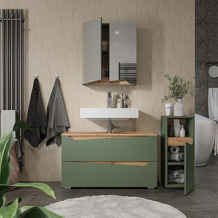 Vicco Badmöbel-Set - Grün, Matt - Moderne grüne Badmöbel-Kombination mit Holzplatte und passendem Hochschrank in einem stilvollen Badezimmer.