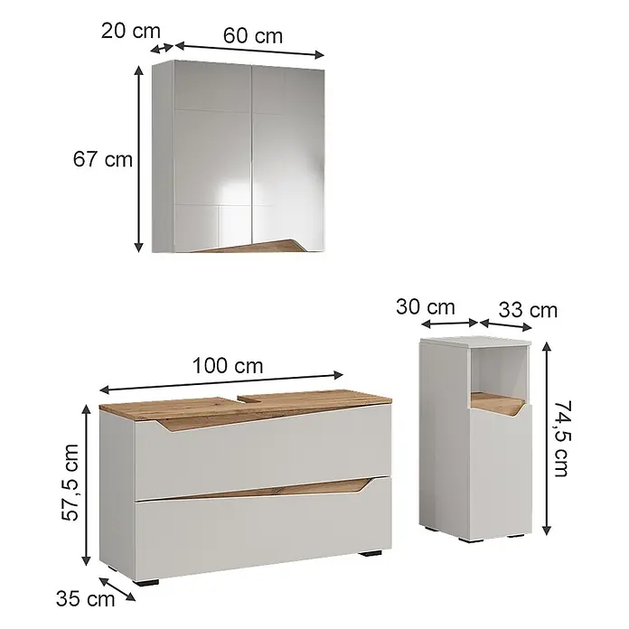 Vicco Badmöbel-Set - Weiß, Matt - Drei hellgraue Möbelstücke mit Holzdetails: ein Wandschrank, eine Kommode und ein hohes Regal, mit Maßen dargestellt.