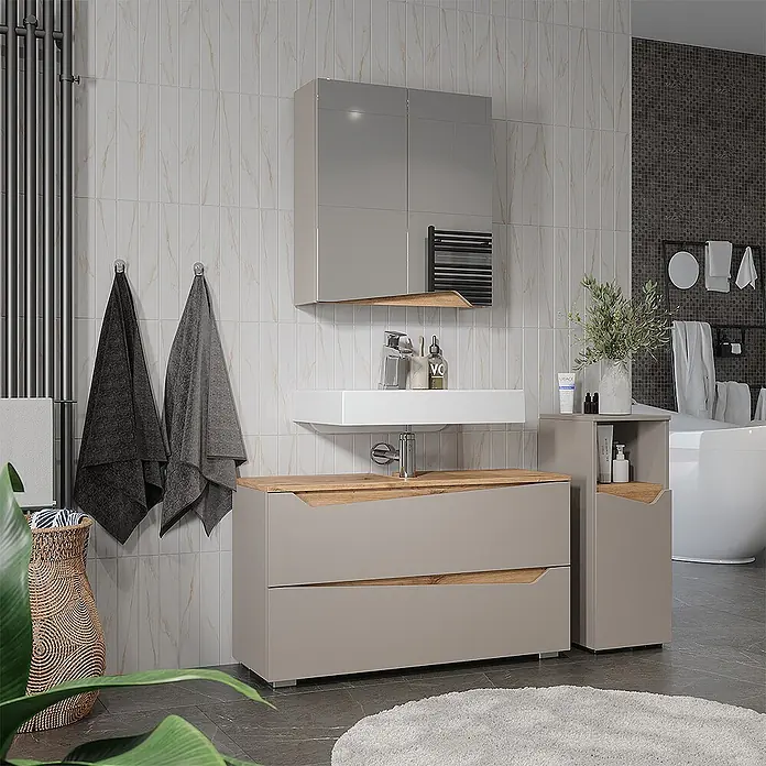 Vicco Badmöbel-Set - Greige, Matt - Modernes Badmöbel-Set in Helltaupe mit Holzdetails, bestehend aus Waschtischunterschrank, Hochschrank und Spiegelschrank.