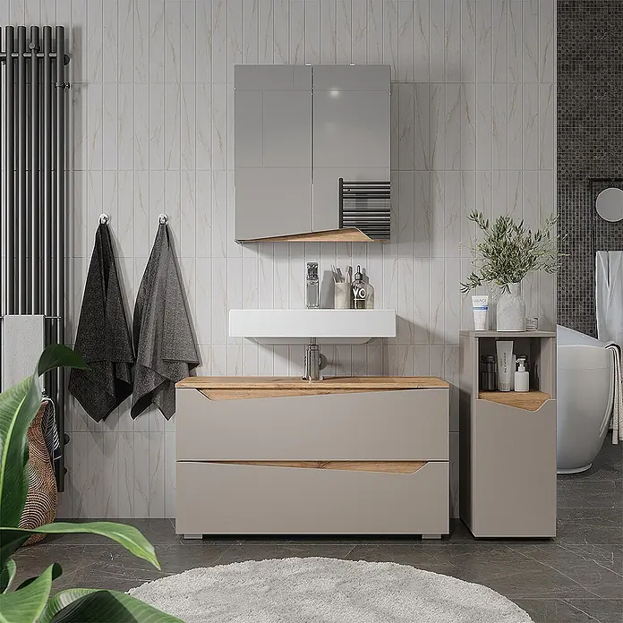 Vicco Badmöbel-Set - Greige, Matt - Modernes Badmöbelset in Hellbeige mit Holzdetails, wandmontiertem Waschbecken, Spiegelschrank und Hochschrank.