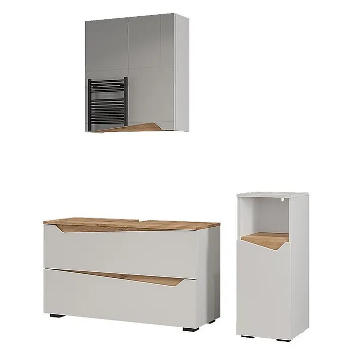 Vicco Badmöbel-Set - Weiß, Matt - Modernes hellgraues Badmöbel-Set: Waschtischunterschrank, hoher Seitenschrank und Spiegelschrank, alle mit Holzdekor-Akzenten.