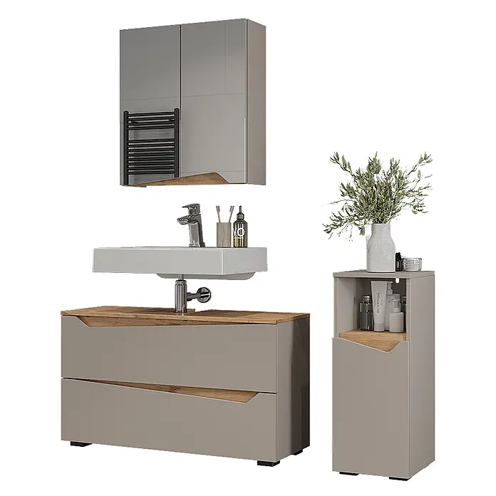 Vicco Badmöbel-Set - Greige, Matt - Modernes Badmöbel-Set in Hellgrau mit Holz-Akzenten, bestehend aus Waschtischunterschrank, Spiegelschrank und Hochschrank.