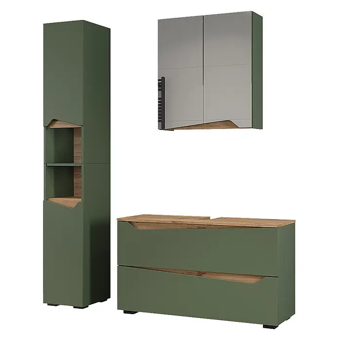 Vicco Badmöbel-Set - Grün, Matt - Moderne grüne Badmöbel mit Holzdetails: Hochschrank, Spiegelschrank und Waschtischunterschrank.