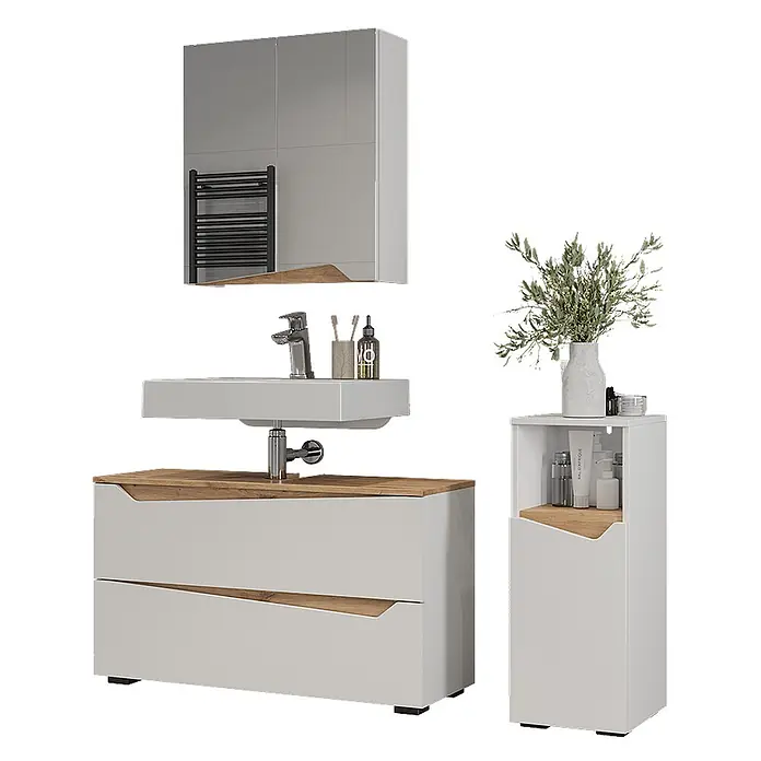 Vicco Badmöbel-Set - Weiß, Matt - Modernes weißes Badmöbel-Set mit Holzdetails: Spiegelschrank, Waschbecken, Waschtisch und Hochschrank.