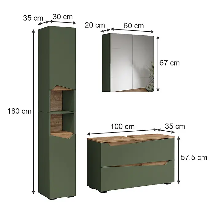 Vicco Badmöbel-Set - Grün, Matt - Set dunkelgrüner Badmöbel mit Holzdetails: ein Hochschrank, ein Spiegelschrank und ein Waschtischunterschrank.