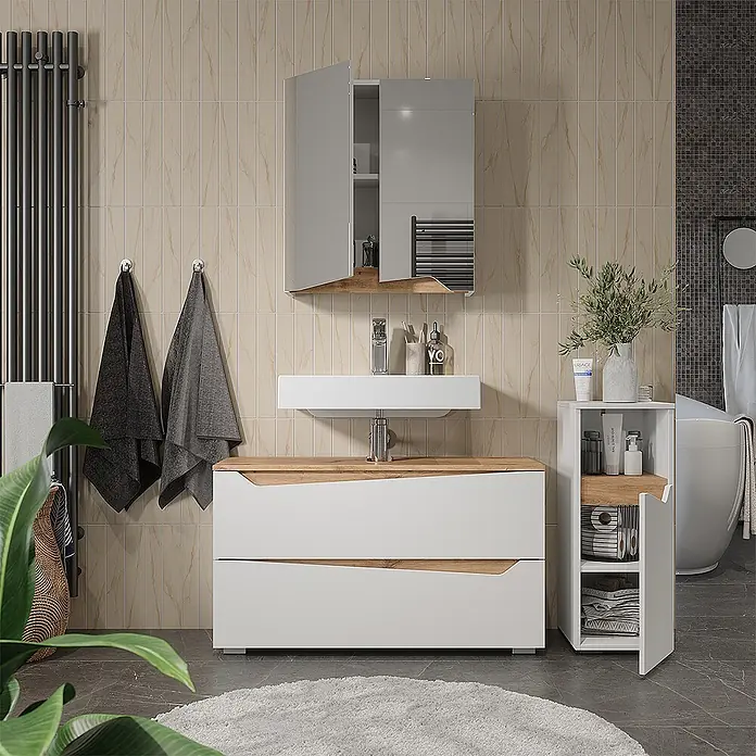 Vicco Badmöbel-Set - Weiß, Matt - Moderne weiße Badmöbel mit Holzakzenten, integriertem Waschbecken, passendem Spiegelschrank und hohem Beistellschrank.