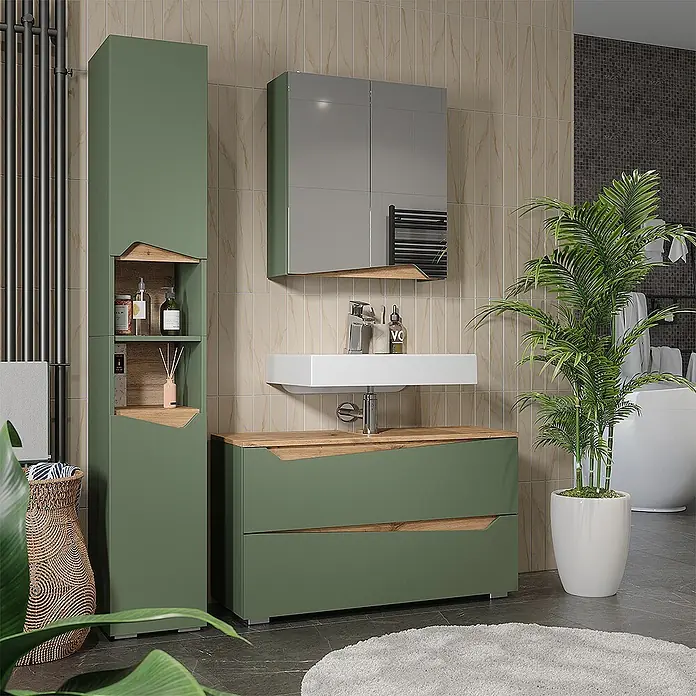Vicco Badmöbel-Set - Grün, Matt - Grüne Badezimmermöbel-Garnitur mit Hochschrank und Waschtischunterschrank, Akzente in Holzoptik und integriertem Waschbecken.