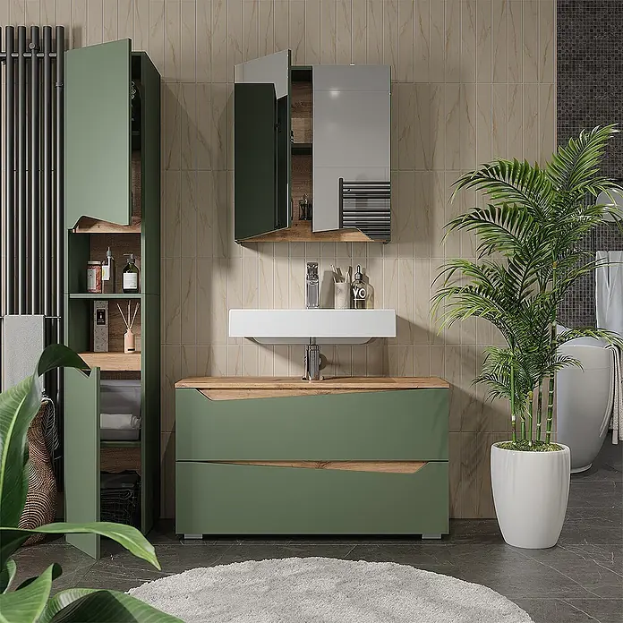 Vicco Badmöbel-Set - Grün, Matt - Moderne grüne Badmöbel-Kombination mit Holz-Akzenten und weißem Waschbecken, dazu passender Hochschrank, im modernen Badezimmer.