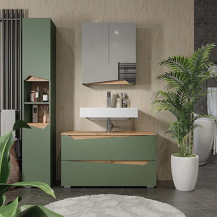 Vicco Badmöbel-Set - Grün, Matt - Grüner Badezimmerschrank und Hochschrank mit Holzdetails, weißem Waschbecken und Spiegelschrank. Modernes Design im Badezimmer.