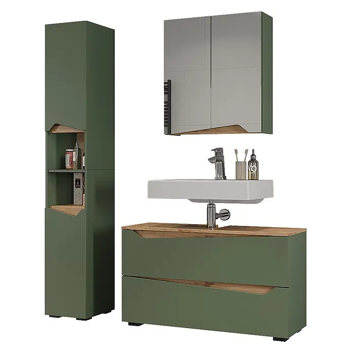 Vicco Badmöbel-Set - Grün, Matt - Dunkelgrünes Badezimmermöbel-Set mit Holzdetails, bestehend aus Hochschrank, Waschtischunterschrank mit Waschbecken und Spiegelschrank.
