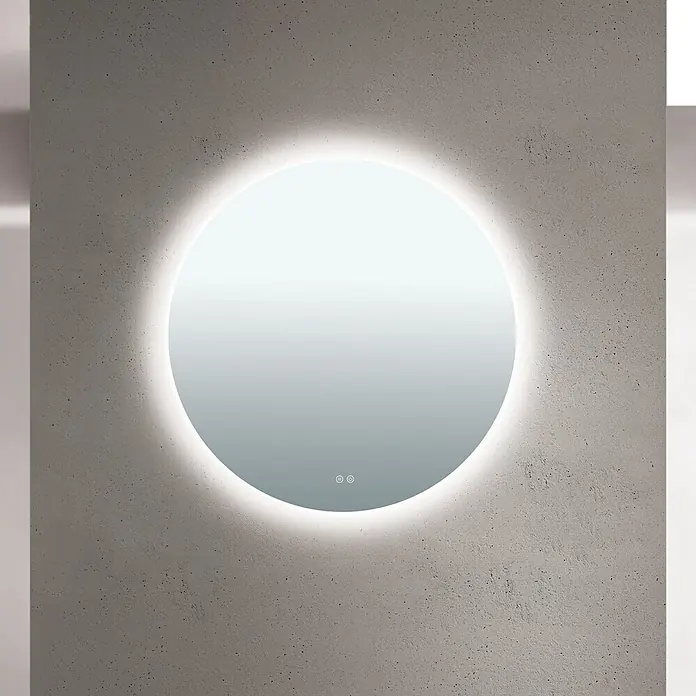 Orion Leuchten Lichtspiegel - 80 x 80 cm, Durchmesser: 80 cm, Schalter - Runder, beleuchteter Spiegel mit Touch-Bedienung an einer strukturierten Betonwand.